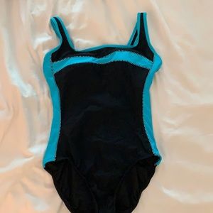 Black with blue stripe one piece swim suit